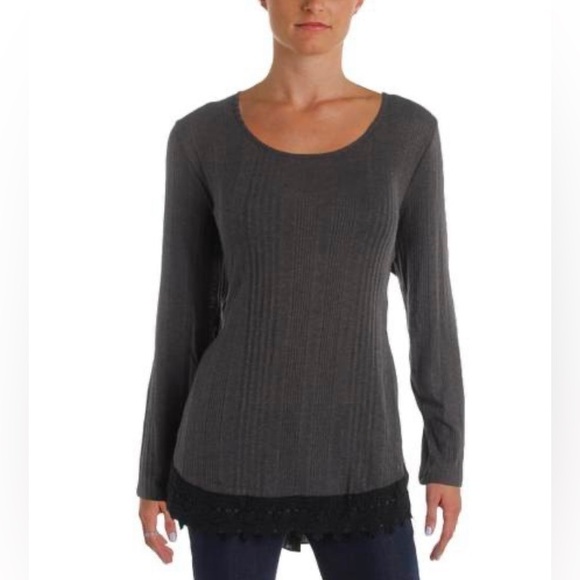 Style & Co. Tops - NWT From Style & Co. Lovely Gray Ribbed Pullover W/Black Lace trim. SZ-M
